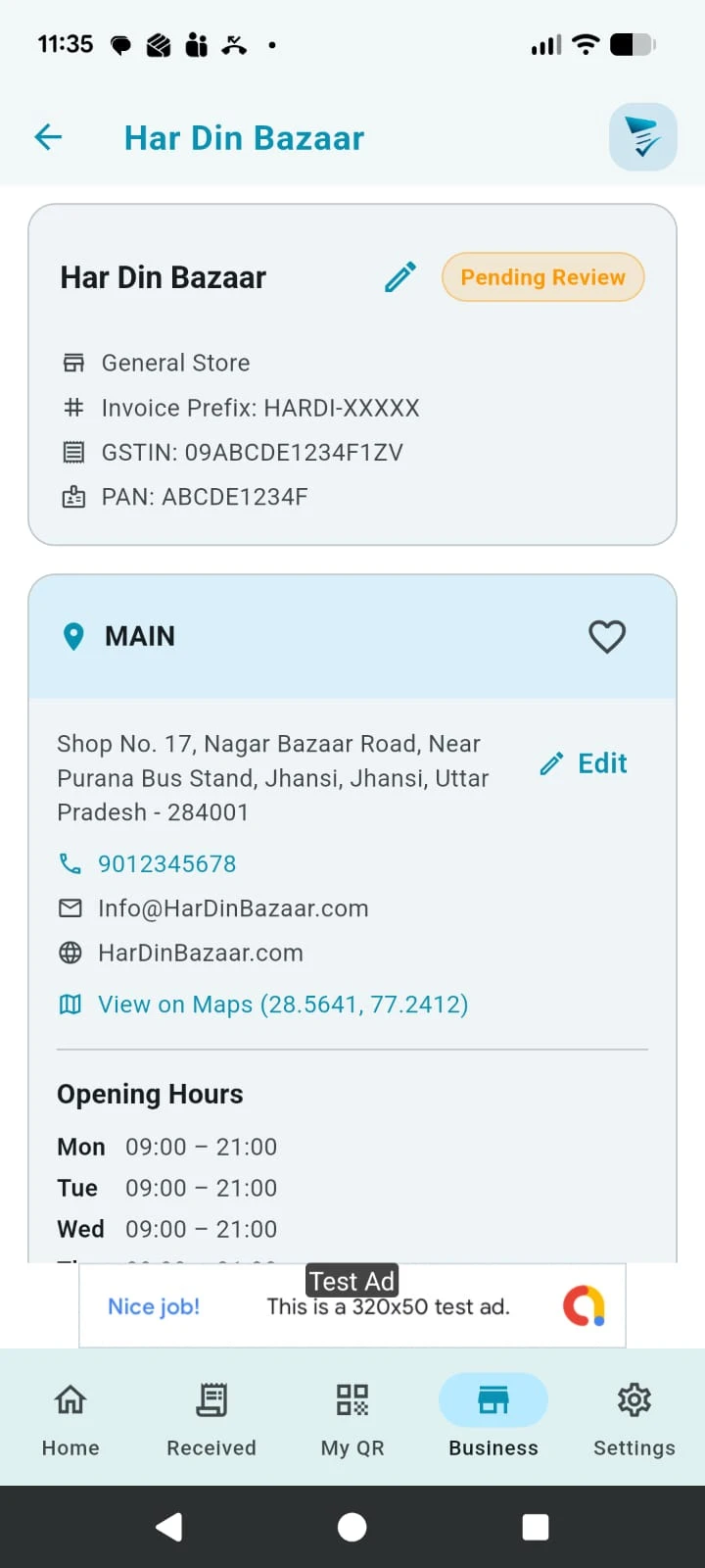 Pending review business details screen